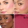 Collage showcasing a deep magenta  blush in three different models, highlighting color variations on diverse skin tones with a close-up of its creamy texture