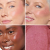 Collage showcasing a deep berry blush in three different models, highlighting color variations on diverse skin tones with a close-up of its creamy texture