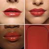 Collage showcasing a red-ish lipstick color in three different models, highlighting color variations on diverse skin tones with a close-up of the product