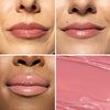 Collage showcasing a dusty rose pink lip gloss shade in three different models, highlighting color variations on diverse skin tones with a close-up of its smooth, shiny texture    