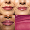 Collage showcasing a rich berry pink lip gloss shade in three different models, highlighting color variations on diverse skin tones with a close-up of its smooth, shiny texture    