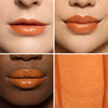 Collage showcasing a orangish lipstick color in three different models, highlighting color variations on diverse skin tones with a close-up of the product