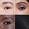 Collage showcasing a black mascara  applied on three different models, highlighting how the colors vary across diverse skin tones, with close-up of the product showcasing the texture