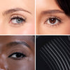 Collage showcasing a black mascara  applied on three different models, highlighting how the colors vary across diverse skin tones, with close-up of the product showcasing the texture