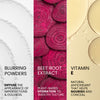 A three-panel image showcasing the botanical ingredients used in the formula. It features Blurring Powders (Diffuse the appearance of imperfections & dullness), Beet Root Extract (Plant-based hydration to smooth texture), and Vitamin E (Natural antioxidant that helps nourish and conceal)