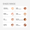 Shade range chart displaying 8 foundation shades: Porcelain, Enamel, Silk, Cotton, Linen, Sand, Rattan, and Sable. Title reads ‘SHADE RANGE’ at the top