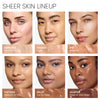 Shade range chart showing six models wearing different shades of sheer skin. Shades include Bare Rice (Very Fair to Fair), Quinoa (Light), Rye (Medium), Papyrus (Medium to Tan), Millet (Tan to Deep), and Allspice (Deep to Very Deep)
