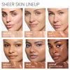 A grid featuring seven models with medium and tan complexions showcasing Sheer Skin Tinted Moisturizer shades. The shades include Bare Rice (very fair to fair),  Quinoa (light), Rye (Medium, Papyrus(medium to tan), Millet (tan to deep), and Allspice (deep to very deep). The header reads: "Sheer Skin Lineup"