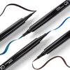 Image displaying a variety of liquid eyeliners in multiple shades, with line swatches illustrating the color range, finish, and texture