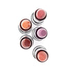 Overhead shot showcasing five lipstick shades-a mix of purples, nudes, and reds.