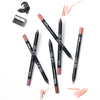 Image displaying a variety of lip liners in different shades, with a few swatches shown to highlight the color range and texture