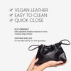 The Cinch Benefits image. Text highlights key benefits "Vegan Leather. Easy to Clean. Quick Close" followed by additional benefits explained "Eco Friendly. Soft, wipeable material means no more makeup bag messes" and  "Gather And Go. It's the ideal size for on-the-go basics"