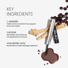 Ingredients image for Brow Tonic. Text highlights product benefits: "L-Arginine. Potent amino acid that may support brow hair health" "Caffeine. Revitalizes and enhances the appearance of brows" "Hyaluronic Acid. Moisturizes to help breakage resilience" 