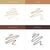 Four eyebrow pencil color swatches are shown in a grid, labeled as Blonde Shot, Latte, Chocolate, and Espresso.