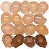 Layout of 17 liquid foundation swatches showing the full range of colors. Each swatch is labeled with its name and description, ranging from 'Cream Fair Neutral' to 'Coffee Deep Warm.' 