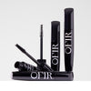 Image showcasing mascara bottled alongside close-up views of the applicator tips and packaging 