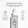Aware Skincare serum highlighting its inclusion of hyaluronic acid, mandarin extract, sodium hyaluronate, and ectoin, while being free from parabens, petrolatum, silicones, and talc.
