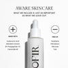 Aware Skincare serum bottle highlighting key ingredients: hyaluronic acid, mandarin extract, SH-Polypeptide-121, Ceramide NP, and noting it is free from parabens, petrolatum, silicones, and talc.