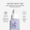 Aware Skincare product with dropper bottle featuring hyaluronic acid, mandarin, kiwi, and quinoa extracts; free of parabens, petrolatum, silicones, and talc. Emphasizes ingredient transparency.