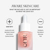 A skincare product featuring Aware Skincare branding, highlighted for its clean formulation. Contains hyaluronic acid, mandarin extract, kiwi extract, and quinoa extract. Free from parabens, petrolatum, silicones, and talc. Designed with a focus on ingredient transparency and purity.