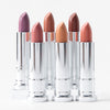 Assorted lipsticks in chrome tubes arranged against a white background