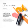 Key Ingredients image for cream blushes. Text reads "Vitamin C. Brightens skin's appearance, even tones, and reduces dullness" "Carrot Seed Oil. Rich in Vitamin E and Vitamin C, helps nourish and revitalize skin" & "Sunflower Seed Oil. Strengthens skin's moisture barrier as it smoothest and softens"