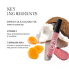 Key Ingredients image for lip jellies. Text reads "Apricot Oil & Coconut Oil. Soften & hydrate lips" "Vitamin E. Gives antioxidant protection & nourishes" & "Carnauba Wax. Provides a protective layer to help prevent moisture loss"