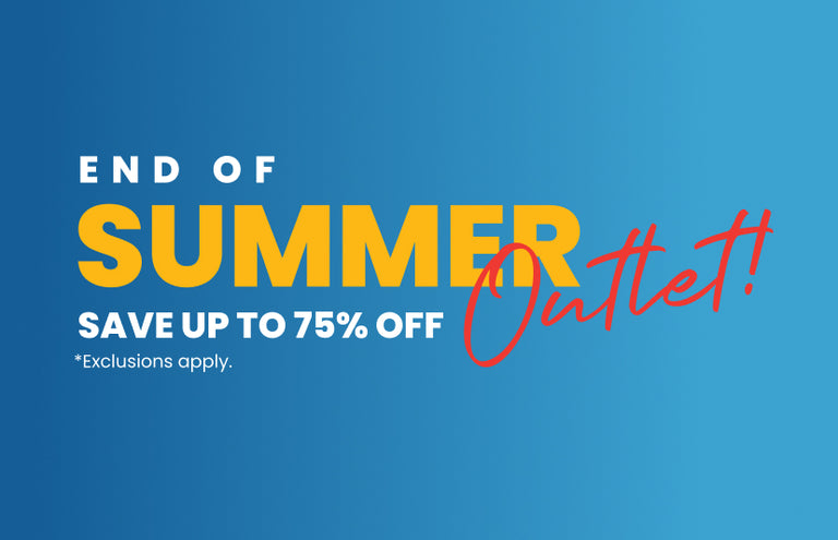 End of summer outlet promotion banner. Text reads "Save up to 75% off. Exclusions apply"