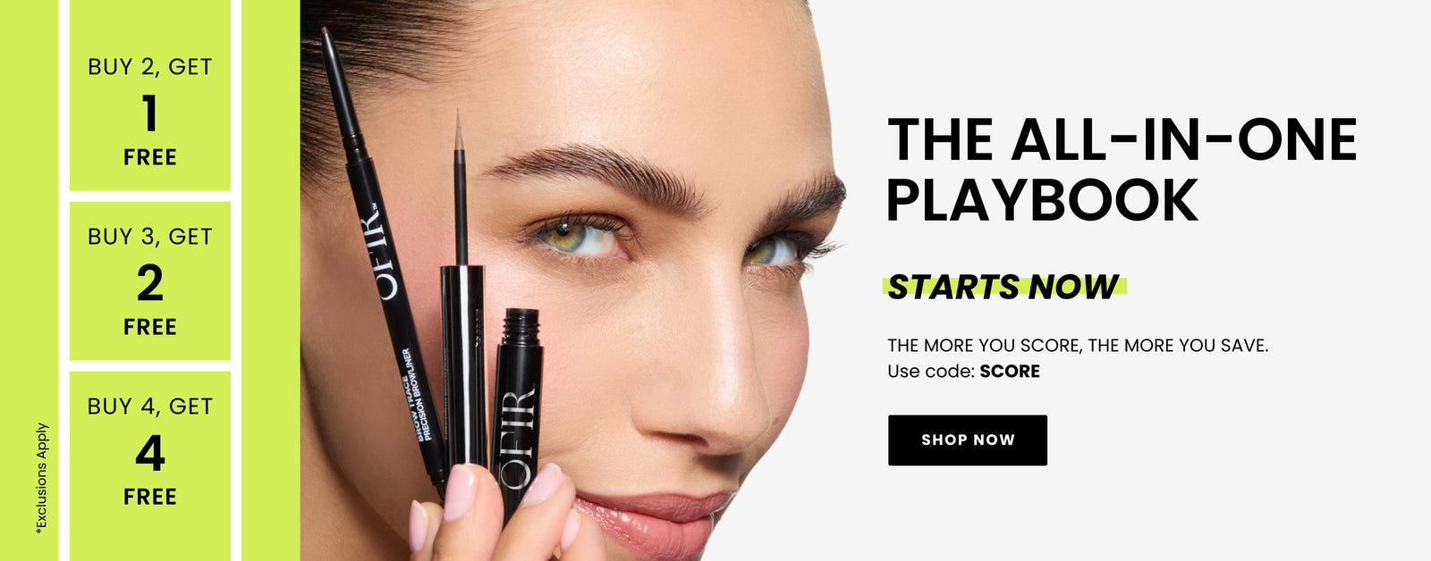 Promotional Banner. Text reads "The All-In-One Playbook starts now. The more you score, the more you save. Use code: SCORE" "Buy 2, Get 1 free. Buy 3, Get 2 free. Buy 4, Get 4 free" Below there is a "Shop Now" button

* Exclusions Apply