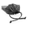 Black leather drawstring pouch with a sleek, gathered design and knotted cord ends.