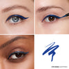 Three distinct eyes showcasing vibrant sapphire blue eyeliner, illustrating its precision, bold color, and versatile application. A swatch of the eyeliner color is displayed alongside, labeled "Eye Edge (Sapphire)".