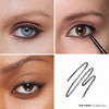 Three close-up images showcasing diverse eye makeup styles featuring charcoal eyeliner, with a product color swatch labeled "The Twist (Charcoal)".