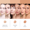 A lineup of six models showcasing diverse foundation shades, labeled as Bare Rice (Very Fair to Fair), Quinoa (Light), and Rye (Medium), with corresponding swatches displayed below.