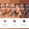 A diverse group of models showcasing foundation shades labeled as Papyrus (Medium to Tan), Millet (Tan to Deep), and Allspice (Deep to Very Deep).