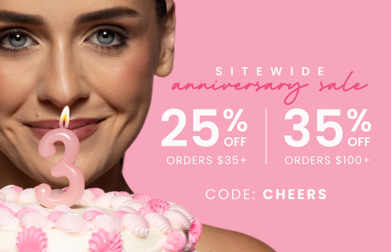 Promotional banner for a sitewide anniversary sale. Text reads "25% off orders $35+. 35% off orders $100+. Code: CHEERS"
