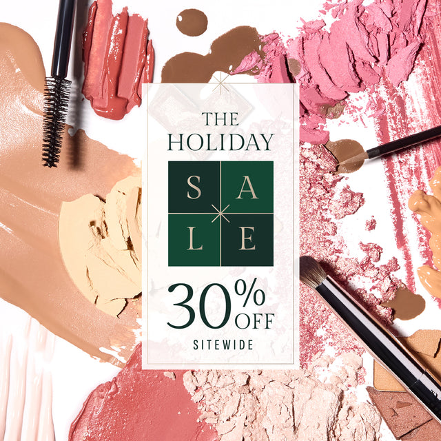 Various shades of makeup products, including lipstick smears and powder, surround a central text announcing a 30% off holiday sale.