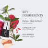 A beauty product bottle is surrounded by prickly pear fruit, camellia leaves, and goji berries, highlighting their benefits: moisture retention, calming irritation, and hydrating skin.