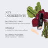Key ingredients of a cosmetic product, including beet root extract for hydration, vitamin E for reducing puffiness, and blurring powders to diffuse imperfections; next to a bottle of foundation and beetroot leaves.