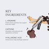 Text outlining key ingredients for a brow product, highlighting L-Arginine for brow hair health, Caffeine for brow appearance enhancement, and Hyaluronic Acid for moisture and breakage resilience, with product visuals.