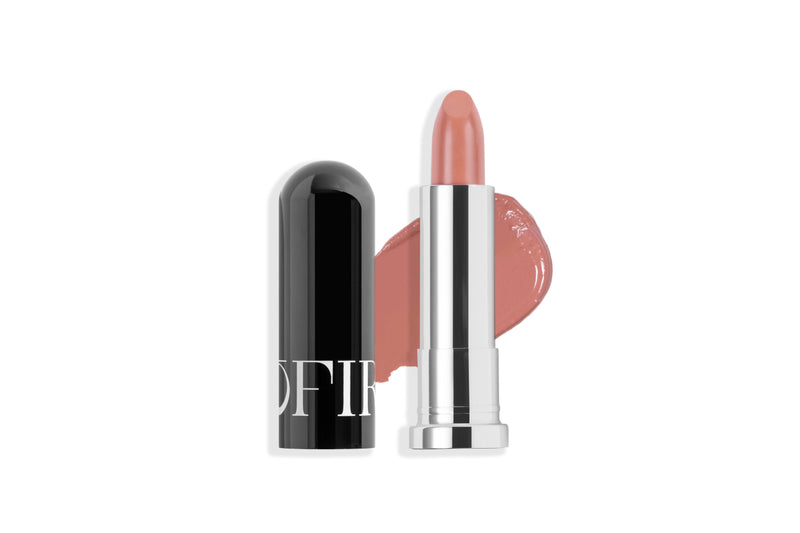 A sleek black and silver lipstick tube with a creamy nude shade, accompanied by a matching color swatch.