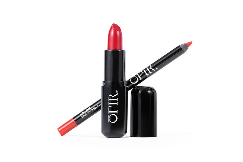 Bold red lipstick and matching lip liner displayed against a clean background, emphasizing the sleek black packaging with white branding.