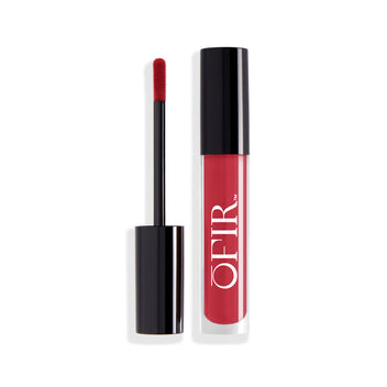 A sleek, cylindrical lip gloss container with a doe-foot applicator, showcasing a vibrant red shade inside.