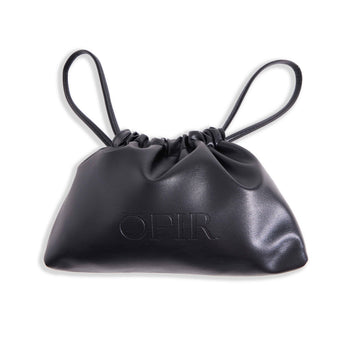 A sleek black leather pouch with drawstring handles, embossed with the brand name "OFIR."