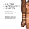 Two arms showcasing swatches of four warm brown eyeshadows, accompanied by text highlighting their buildable, longwear, and crease-free formula.