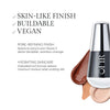 A cosmetic product description highlighting its skin-like finish, buildable nature, and vegan formulation, with emphasis on pore-refining and hydrating benefits featuring botanical extracts and Vitamin E.
