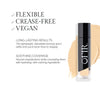 A foundation bottle next to text highlighting its flexible, crease-free, and vegan formula, promising long-lasting results and soothing coverage with hydrating ingredients.