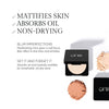 Compact powder with benefits of mattifying skin, absorbing oil, and being non-drying; includes features like blurring imperfections with a soft-focus effect and providing breathable, all-day wear.