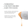 A versatile, teardrop-shaped beauty sponge that can be used wet or dry, depicted alongside descriptions highlighting its blend, conceal, and contour capabilities as well as its super soft, latex-free material.