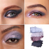 A collage showcasing three eyes adorned with varying shades of smoky blue and purple eyeshadow, alongside swatches of the color palette.