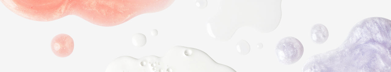 Swirls of shimmering pink, purple, and white liquid textures on a light background, showcasing a variety of product consistencies.